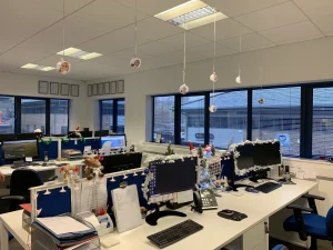 Christmas decorations at Christina Clegg office 