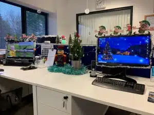 Christmas decorations in Christina Clegg office 